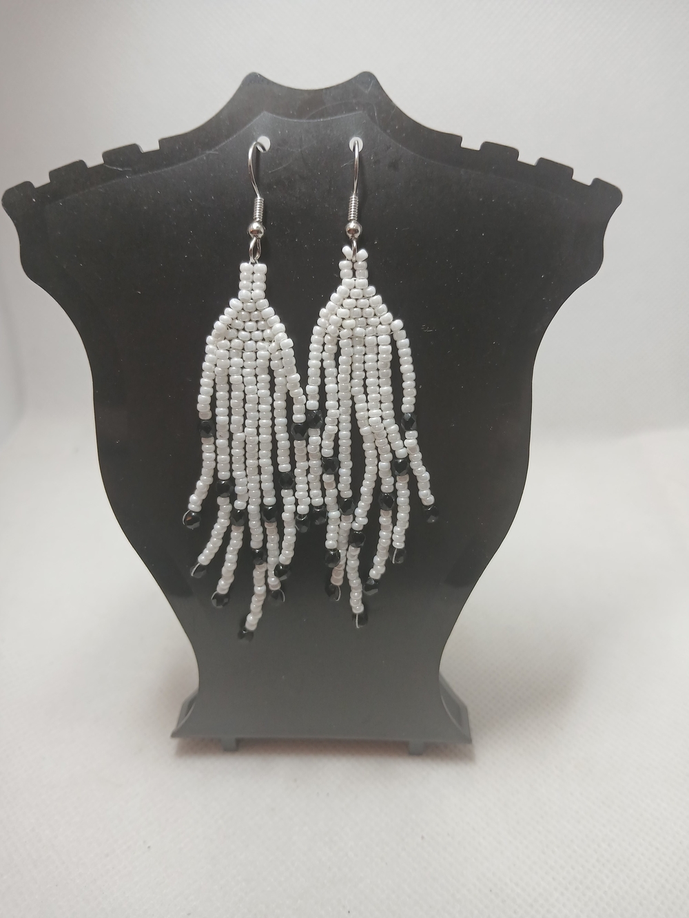 White Beaded Fringe Drop Earrings